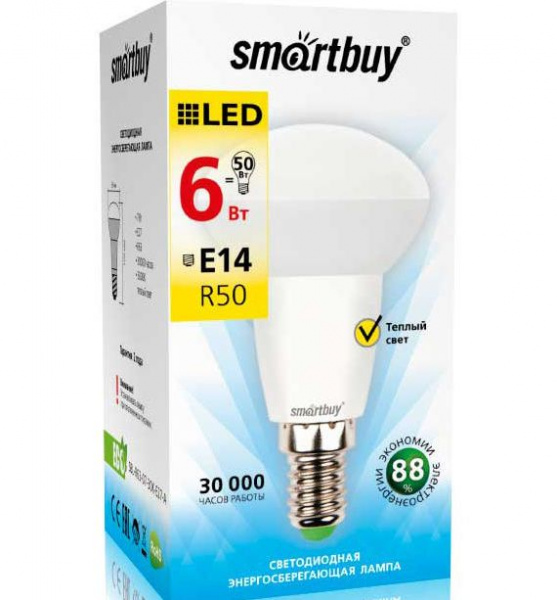 Smartbuy лампа LED R50  6 Вт E14 3000K SBL-R50-06-30K-E14-A (10\100) оптом